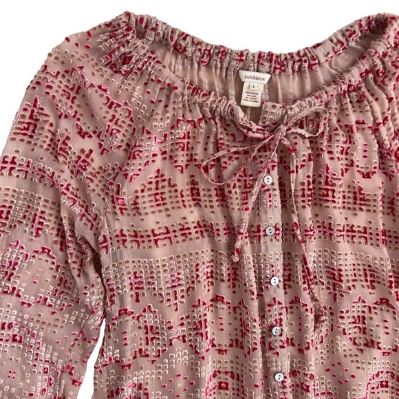 Sundance Cream Red Silk Velvet Burnout Peasant Sheer Button Blouse Size L - Picture 3 of 10